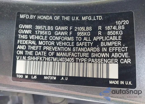 2021 Honda Civic Ex из США, поврежденный, VIN SHHFK7H67MU403405